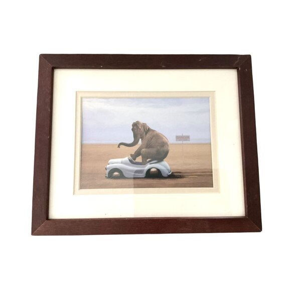 Framed Elephant On Toy Car Art Print In Wooden Frame With Beige Matting - Picture 6 of 11